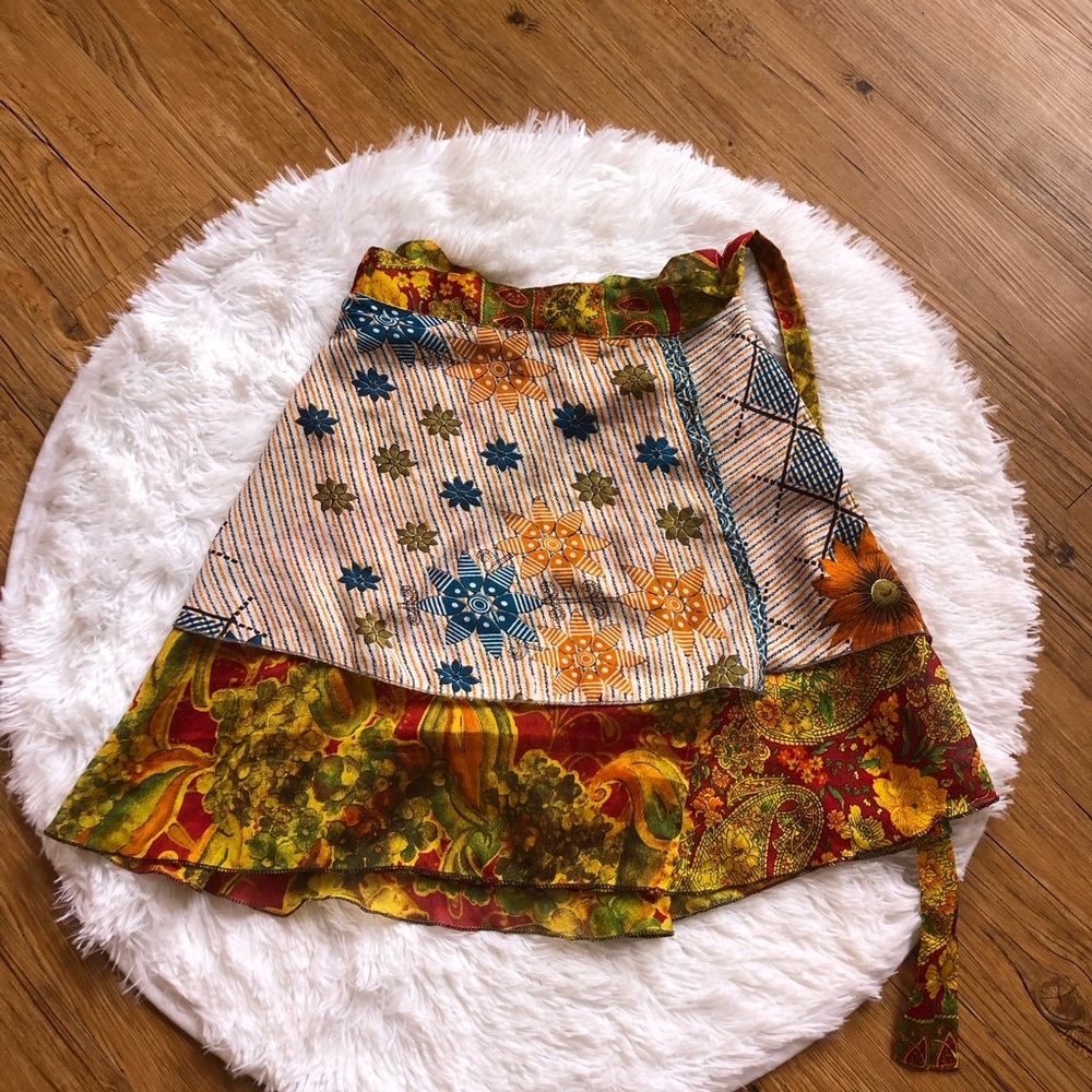 Boho Mini Floral Sari Wrap Skirt